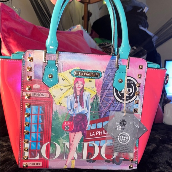 L.A Philipe Handbags - Pink and Teal Graphic Tote Bag